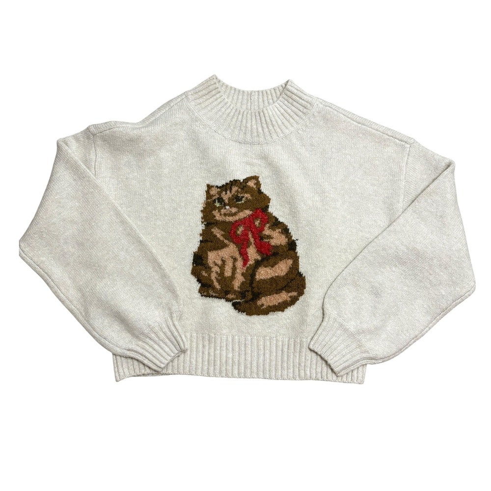 American Eagle Womens Medium Sweater Oatmeal Cat Graphic Mock Neck Cat Lady NEW